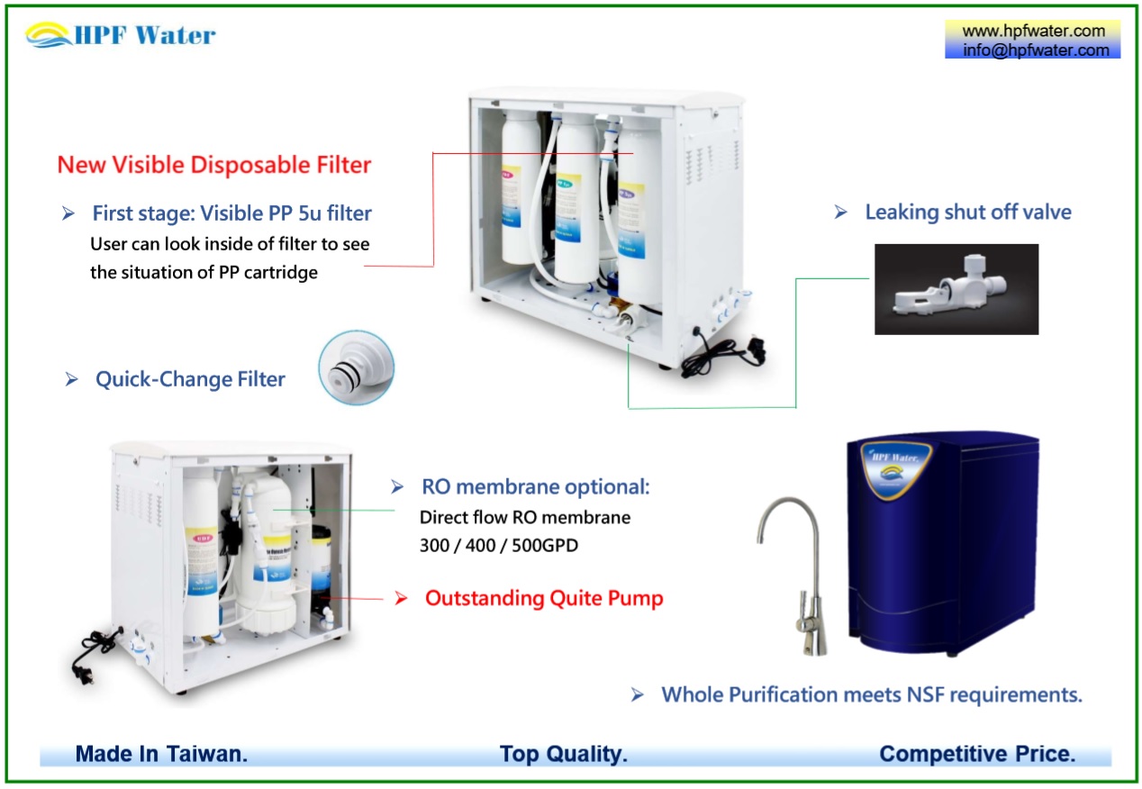 Direct Flow RO appliance 500GPD with Quick-change filter meets NSF requirements made in Taiwan.